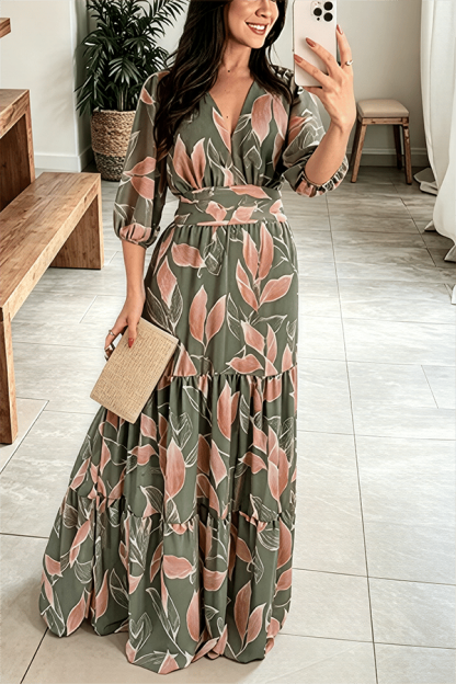 Bohemian Floral Maxi Dress for Women – V-Neck Puff Sleeve Summer Dress