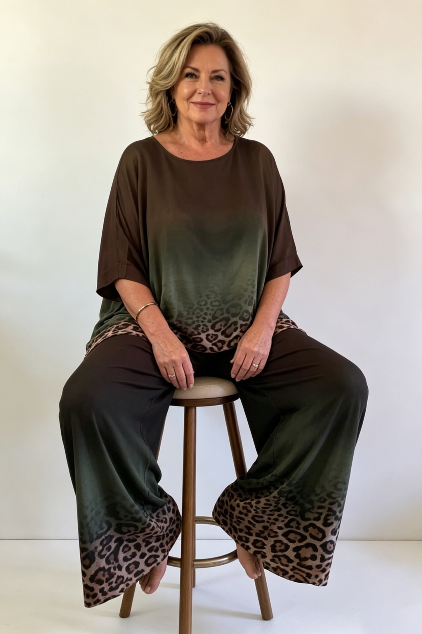 Women's Leopard Print Batwing Sleeve Silk Blend Set