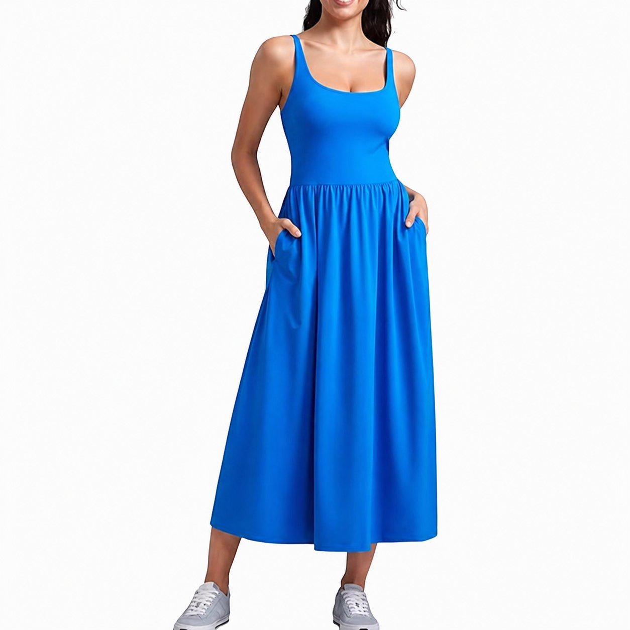 YOGA Square Neck Maxi Dress for Women - Flowy Sleeveless Padded Travel Casual Outfits with Side Pockets(Buy 2 Free Shipping)