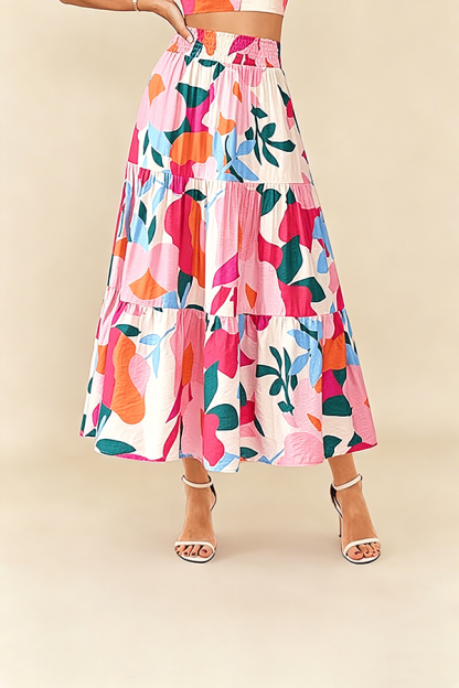 Floral Boho Maxi Skirt for Women – Flowing Tiered Pleated Design with Elastic Waist