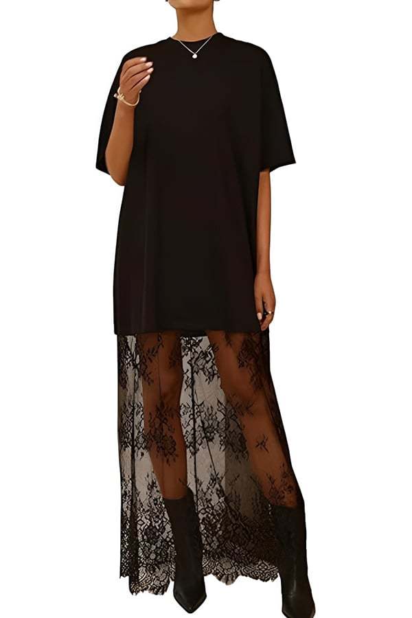 Women’s Lace Patchwork Maxi T-Shirt Dress