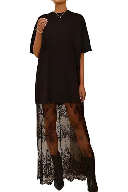 Women’s Lace Patchwork Maxi T-Shirt Dress