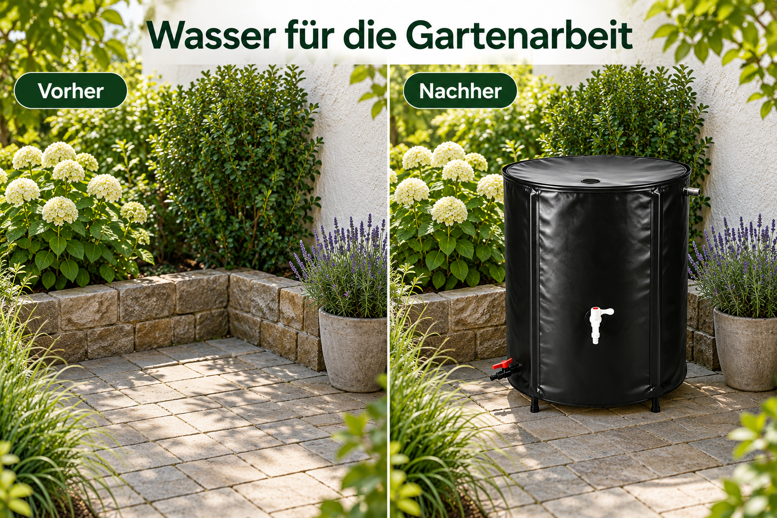 Gleicher gepflasterter Gartenbereich vor und nach dem Aufstellen des schwarzen Tanks