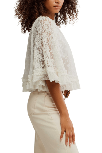 Women's Lace Sheer Top — Semi-Sheer, Draped, Openwork Shirt (Ruffled Sleeves)