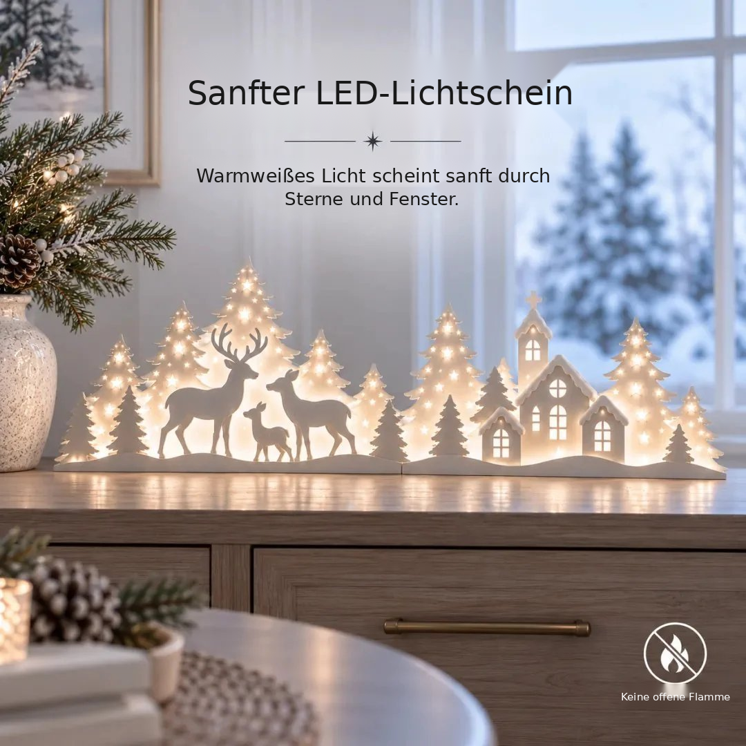 Beleuchtete Winterdorf- und Hirschdekoration