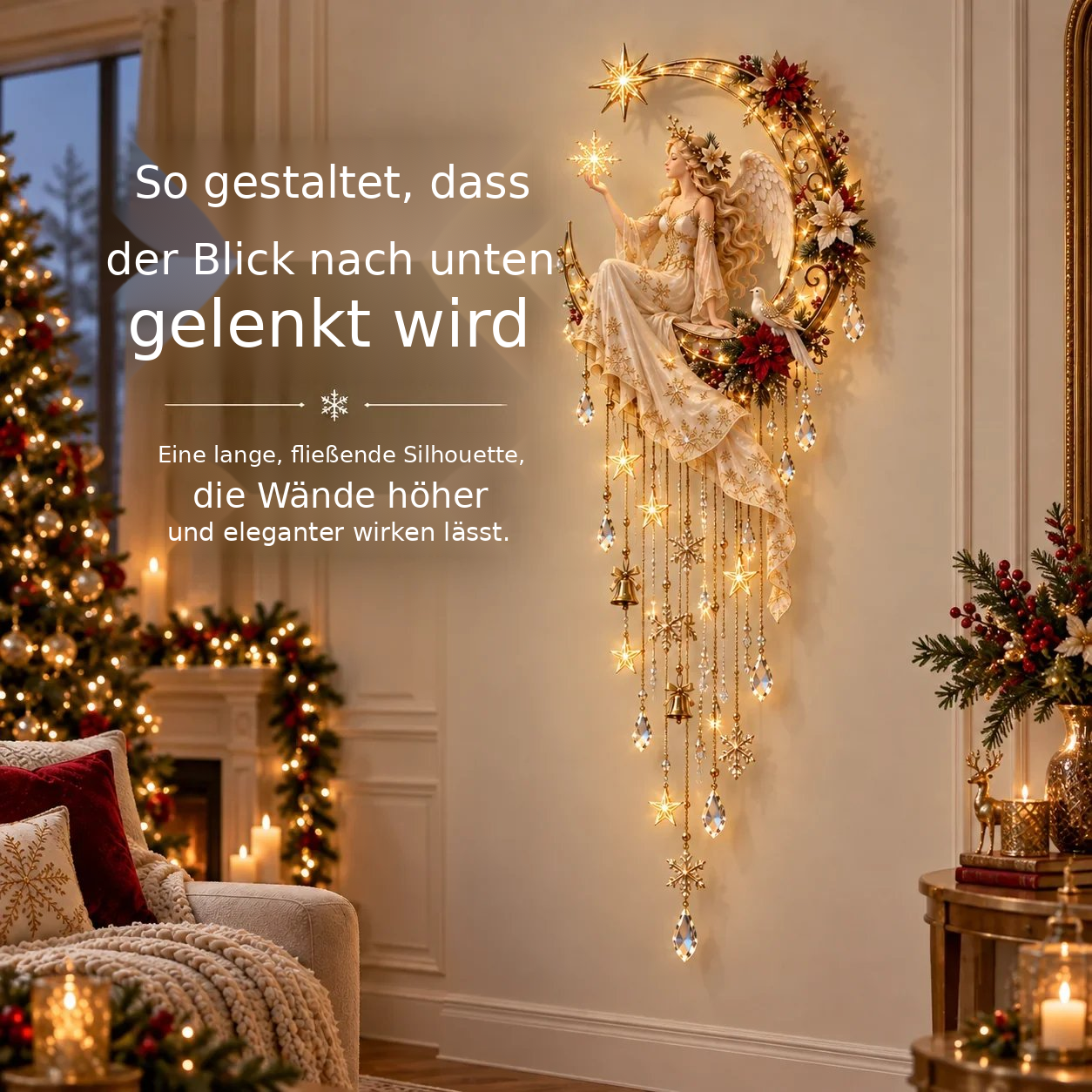 Beleuchtete Engel-Wanddekoration mit Halbmond