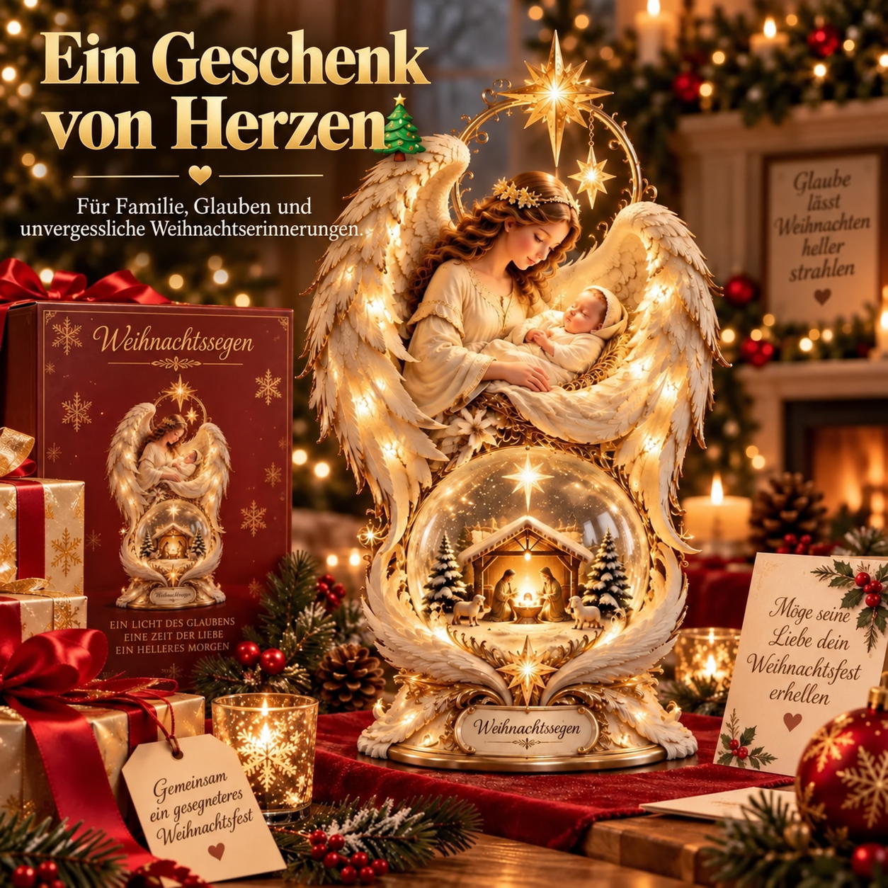 Beleuchtete Weihnachtskrippe mit Engelsflügeln