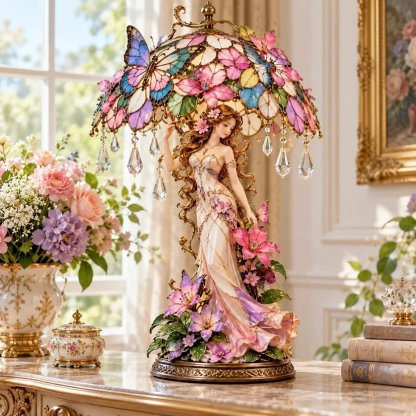 Dekolampe mit Schmetterlingen, Blüten und Figurenmotiv