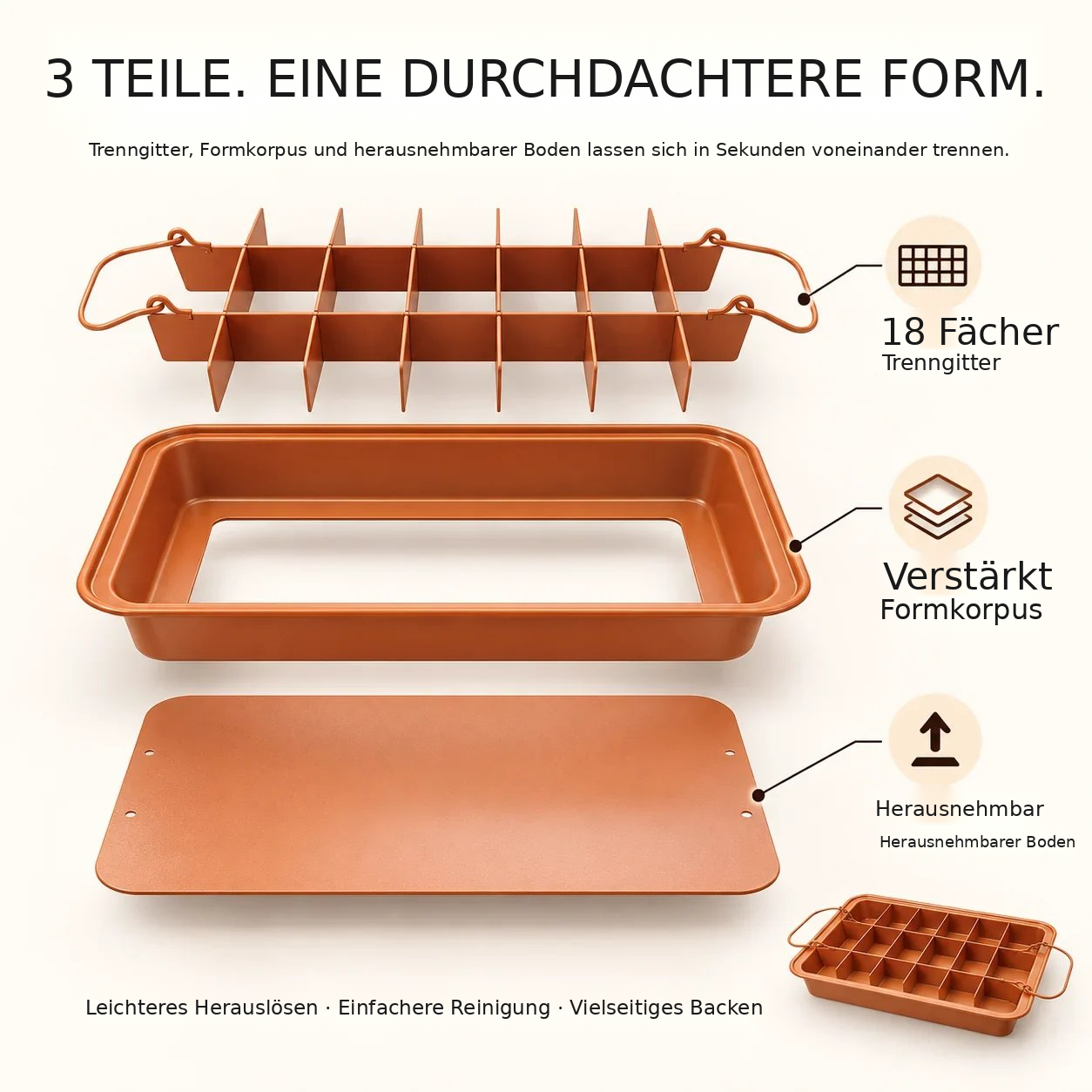 Brownie-Backform mit 18 Fächern und herausnehmbarem Trenngitter