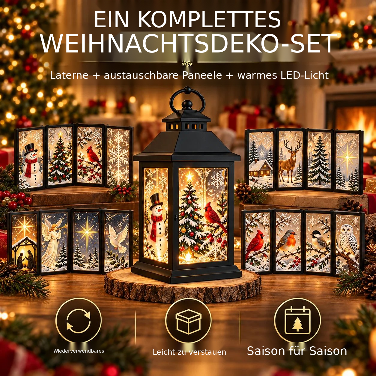 Leuchtende Dekolaterne mit austauschbaren Motiven