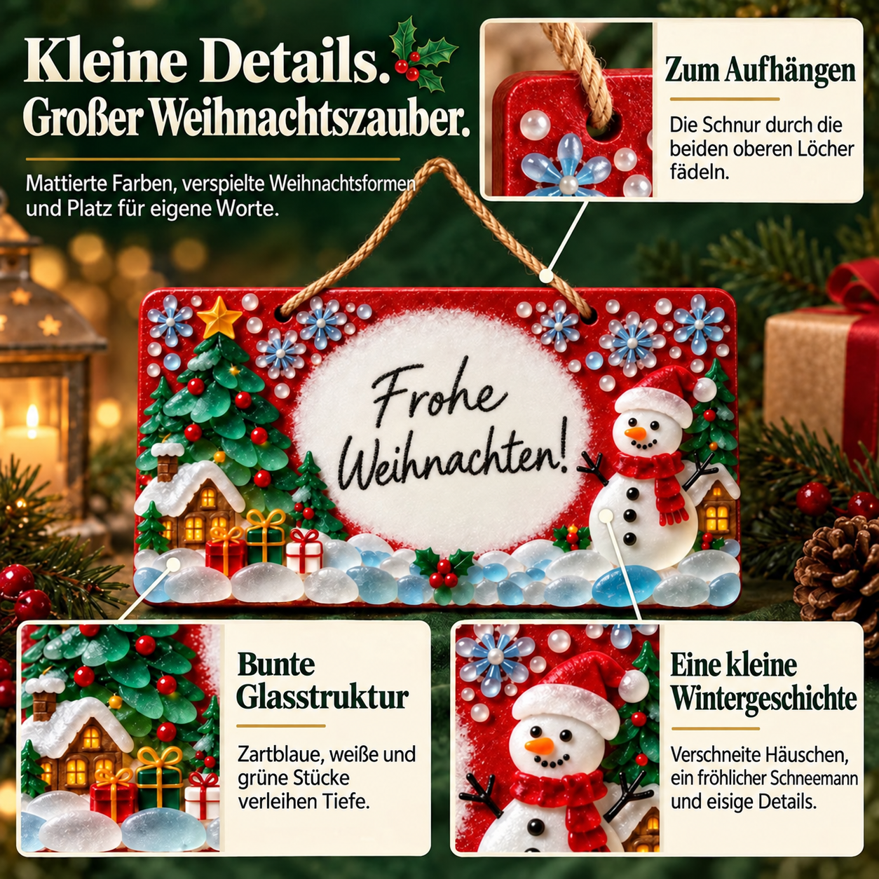 DIY-Weihnachtsschild mit dekorativen Glasstücken