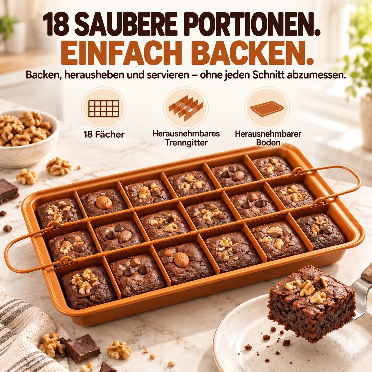 Brownie-Backform mit 18 Fächern und herausnehmbarem Trenngitter