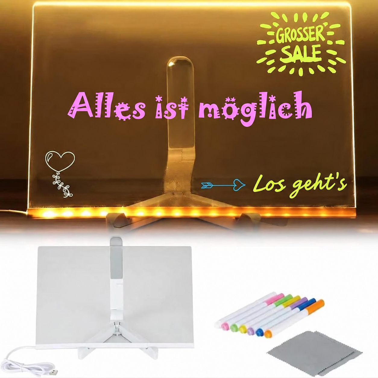 LED-Schreibtafel mit bunten Stiften