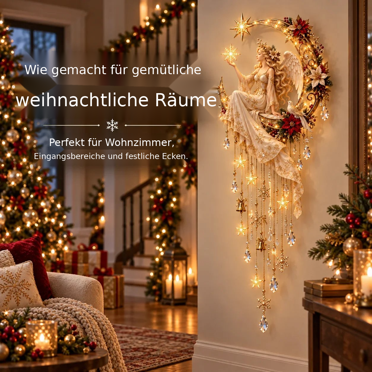 Beleuchtete Engel-Wanddekoration mit Halbmond
