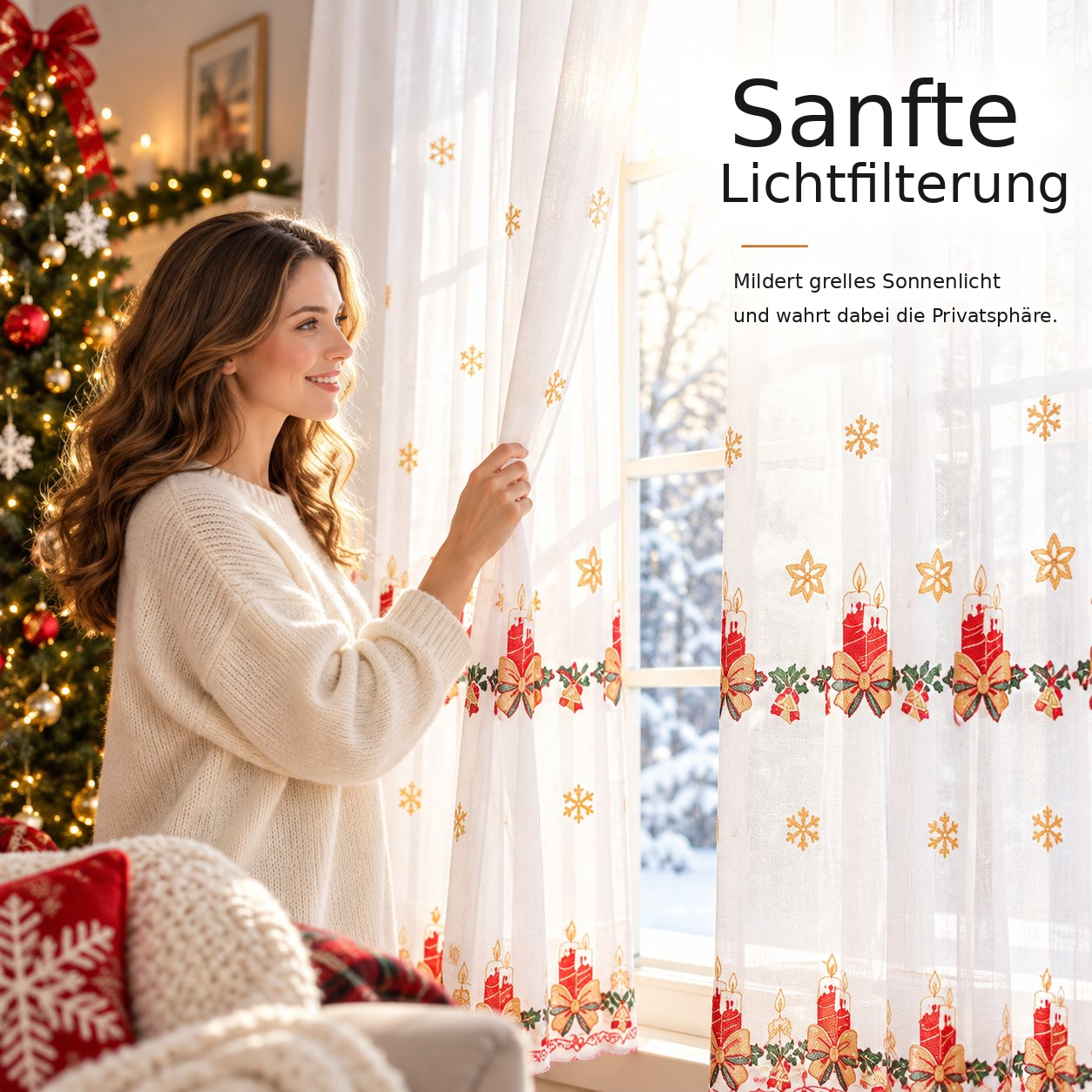 Transparente Weihnachtsgardinen mit Stickmotiven