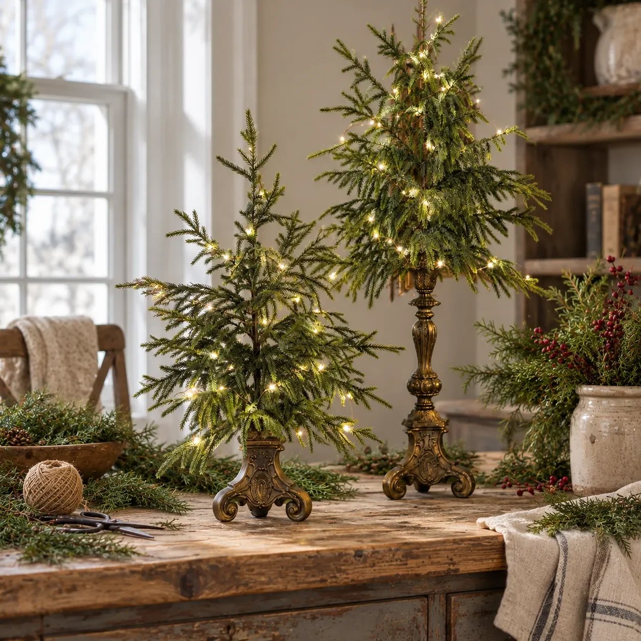 Beleuchtete Weihnachtsbäume im Vintage-Stil