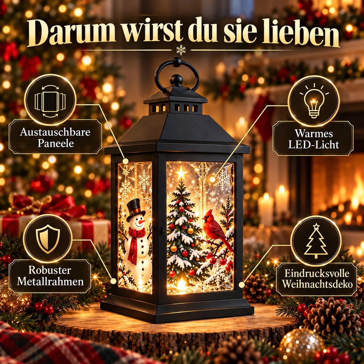 Leuchtende Dekolaterne mit austauschbaren Motiven