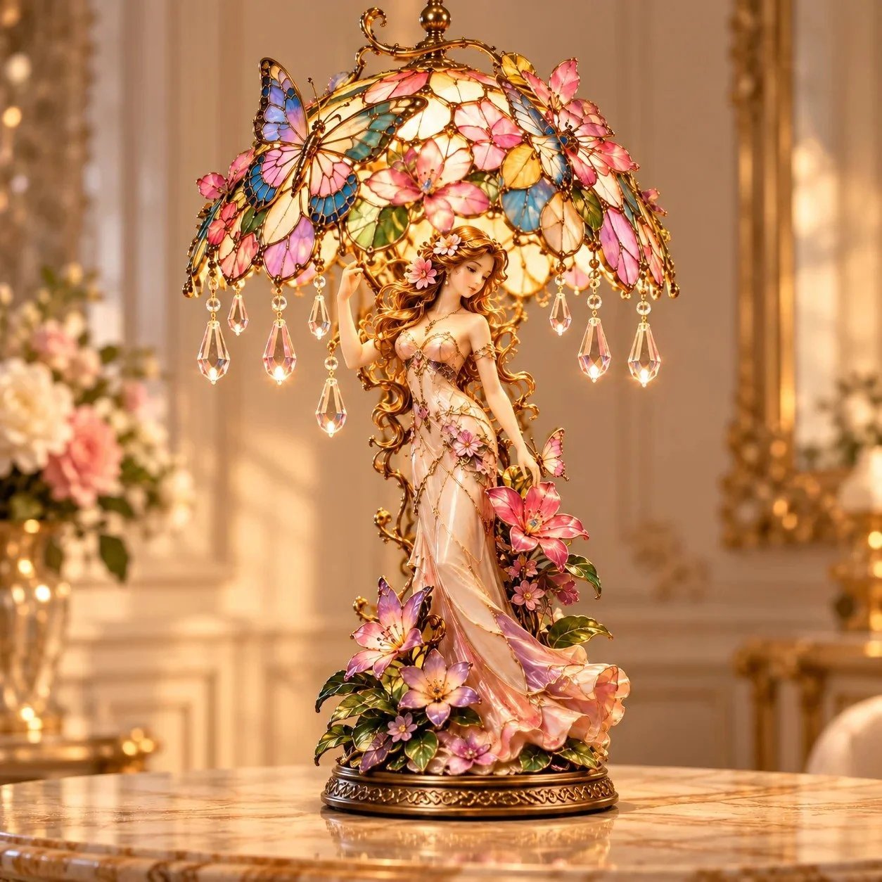 Dekolampe mit Schmetterlingen, Blüten und Figurenmotiv