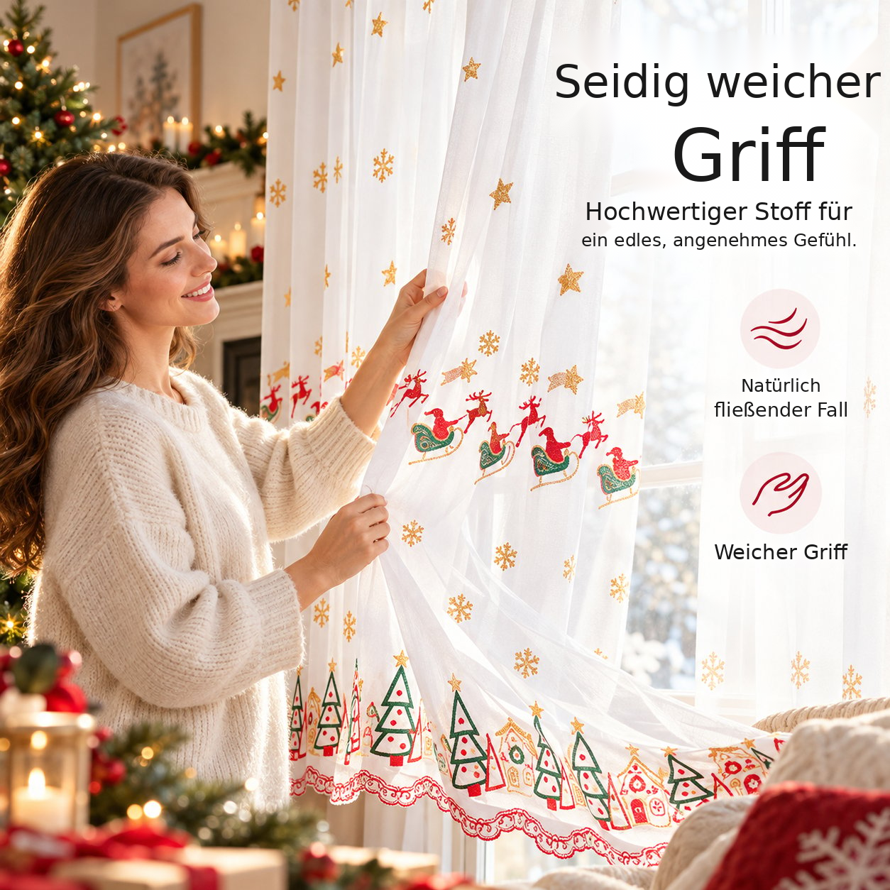 Transparente Weihnachtsgardinen mit Stickmotiven