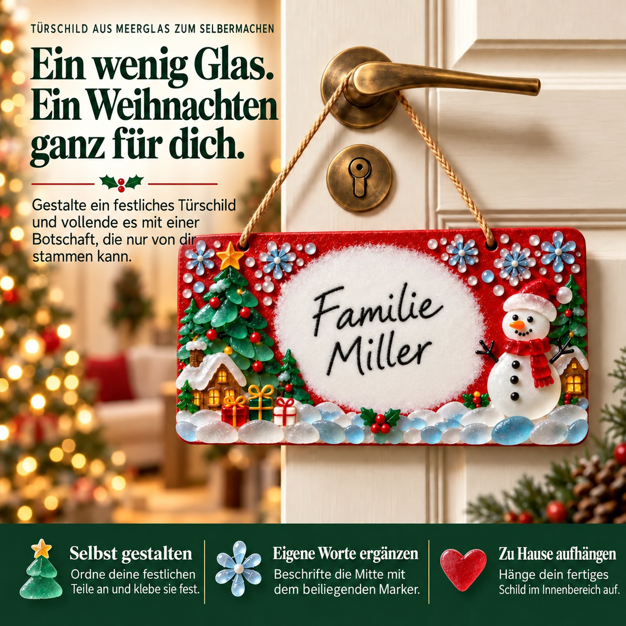 DIY-Weihnachtsschild mit dekorativen Glasstücken