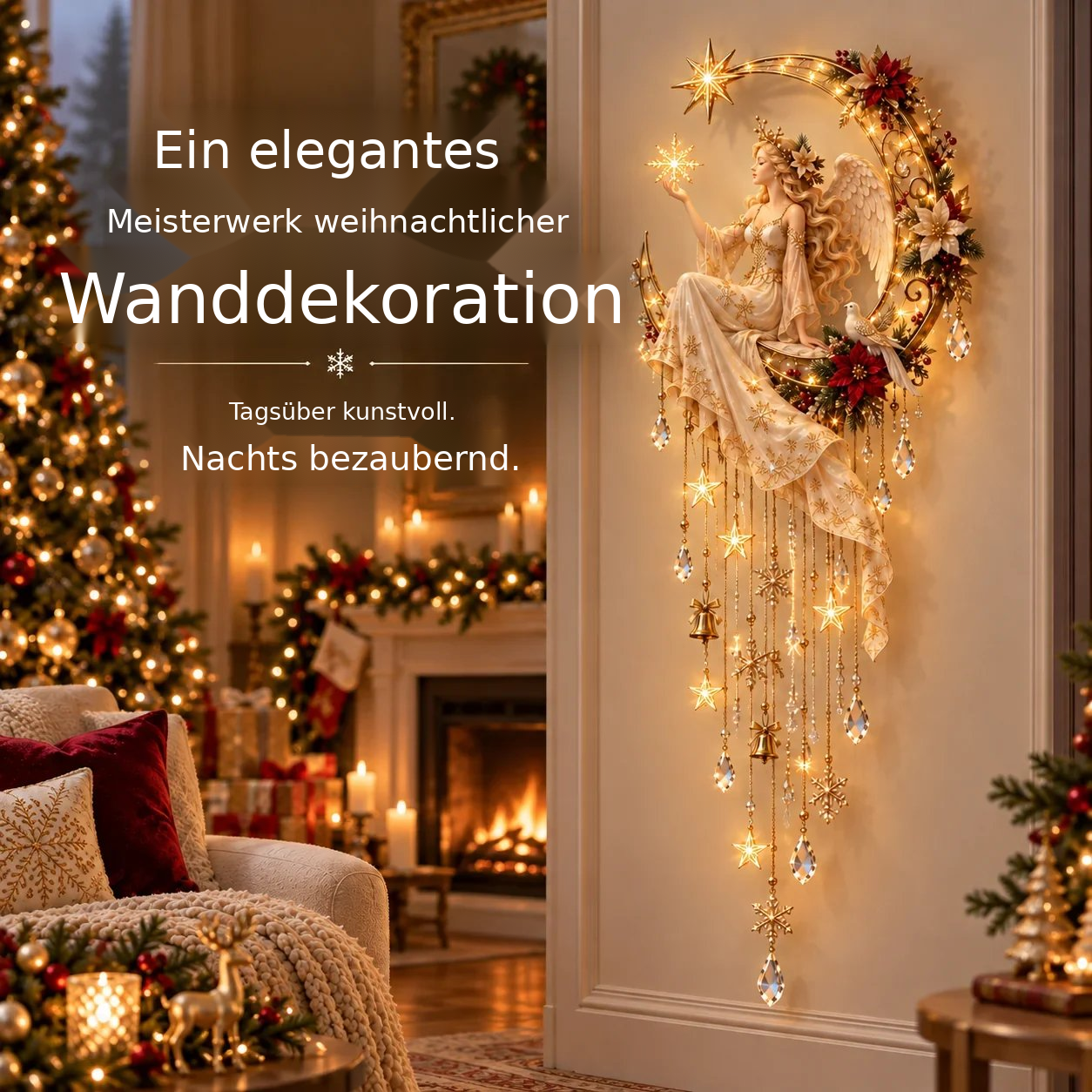Beleuchtete Engel-Wanddekoration mit Halbmond