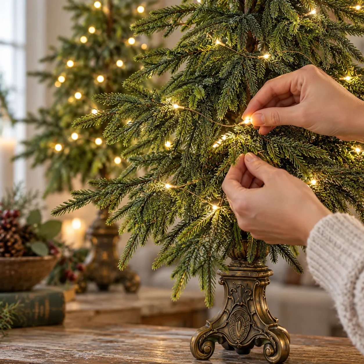 Beleuchtete Weihnachtsbäume im Vintage-Stil