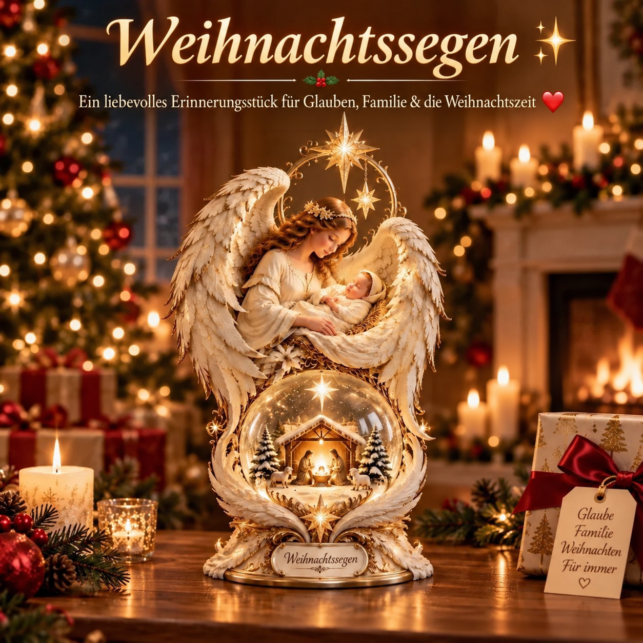 Beleuchtete Weihnachtskrippe mit Engelsflügeln