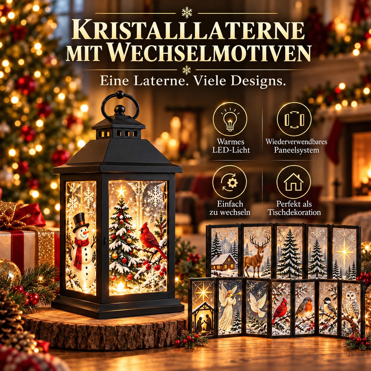 Leuchtende Dekolaterne mit austauschbaren Motiven