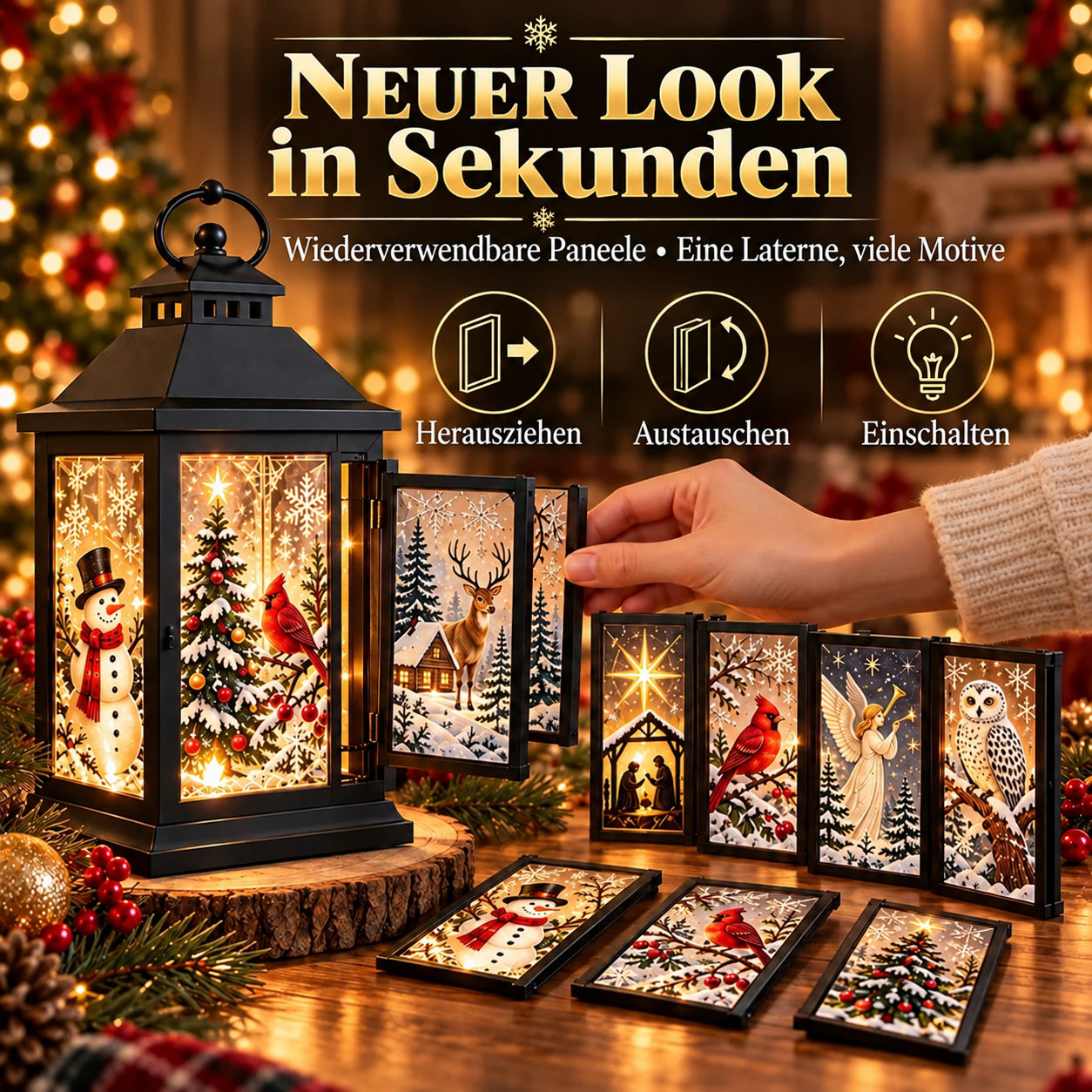 Leuchtende Dekolaterne mit austauschbaren Motiven