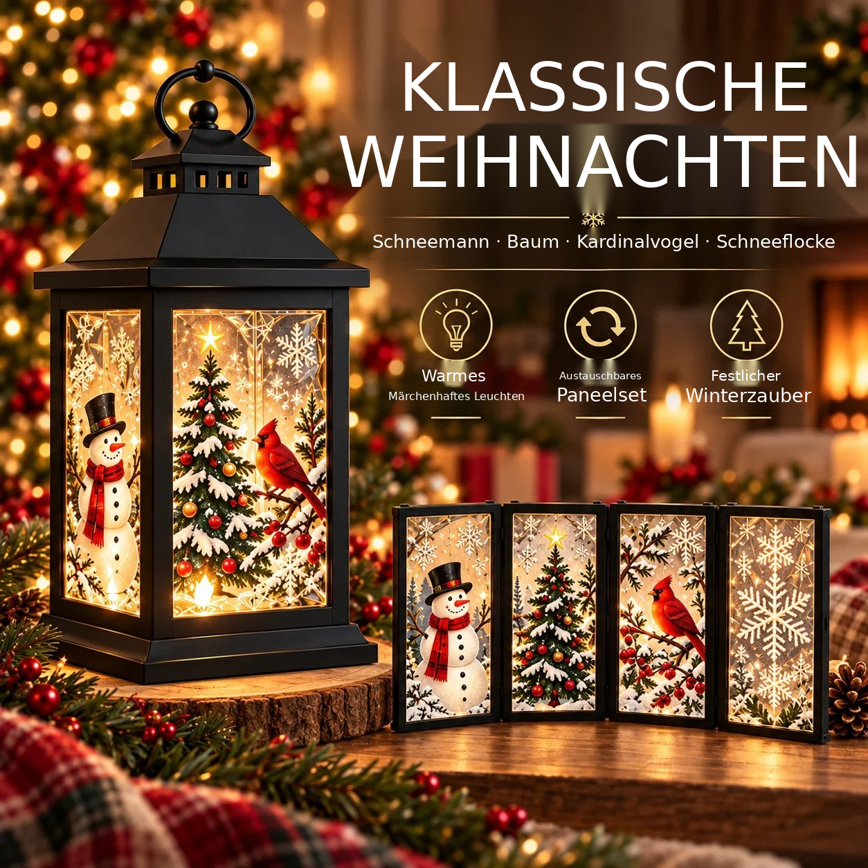 Leuchtende Dekolaterne mit austauschbaren Motiven