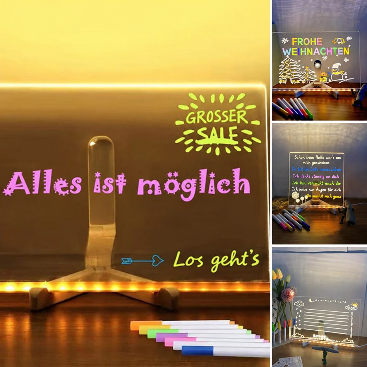 LED-Schreibtafel mit bunten Stiften