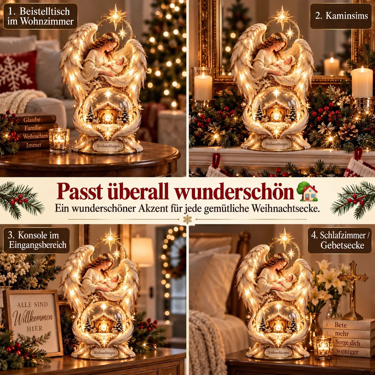Beleuchtete Weihnachtskrippe mit Engelsflügeln