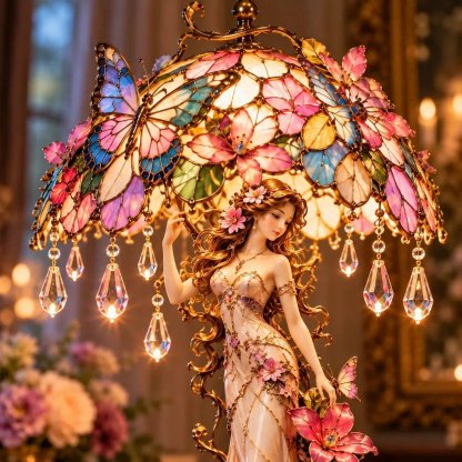Dekolampe mit Schmetterlingen, Blüten und Figurenmotiv