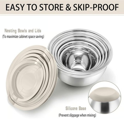 🥗 Stainless Steel Nested Mixing Bowl Set - 6 Pieces, with Lid and Grater