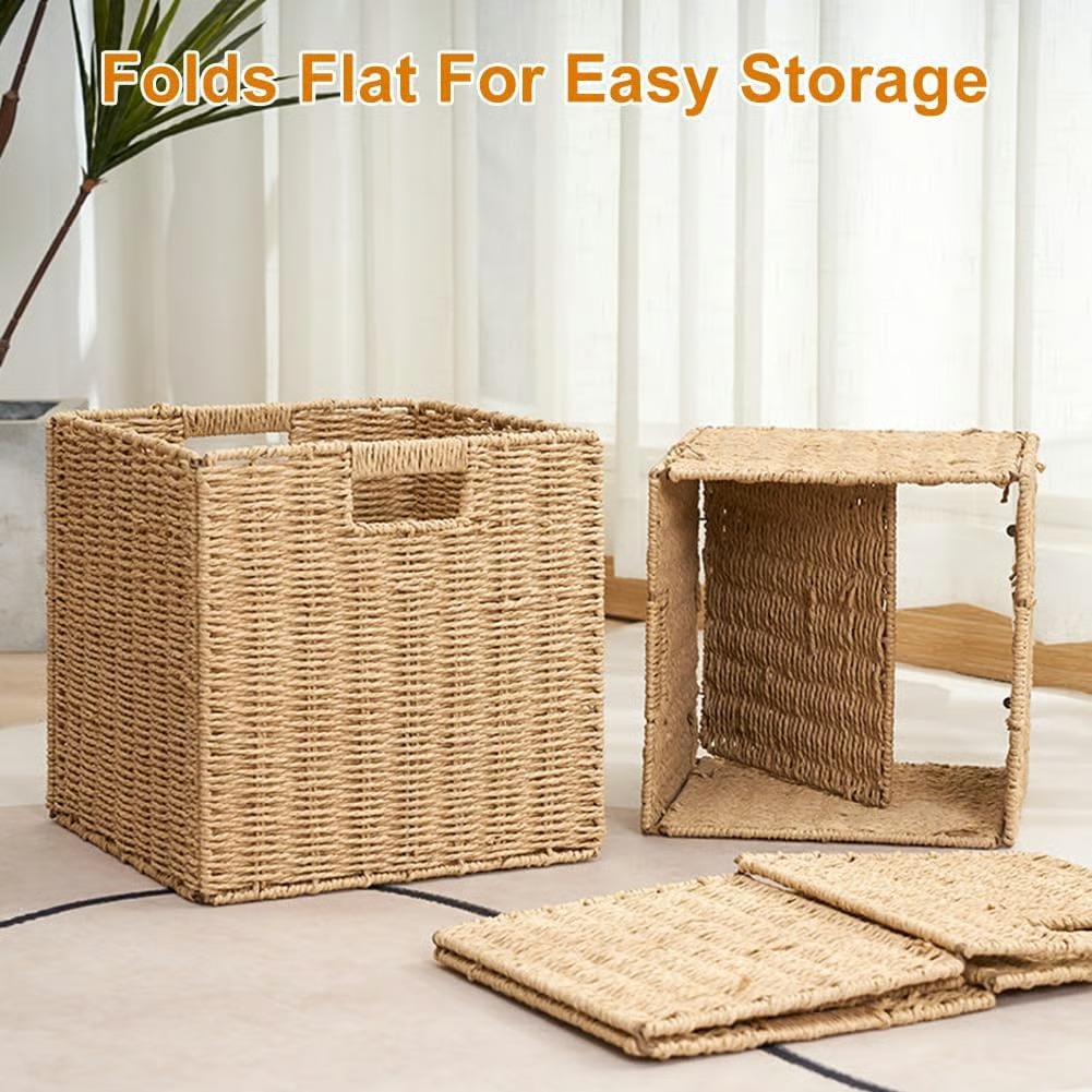 🧺Rustic style handwoven foldable square storage basket