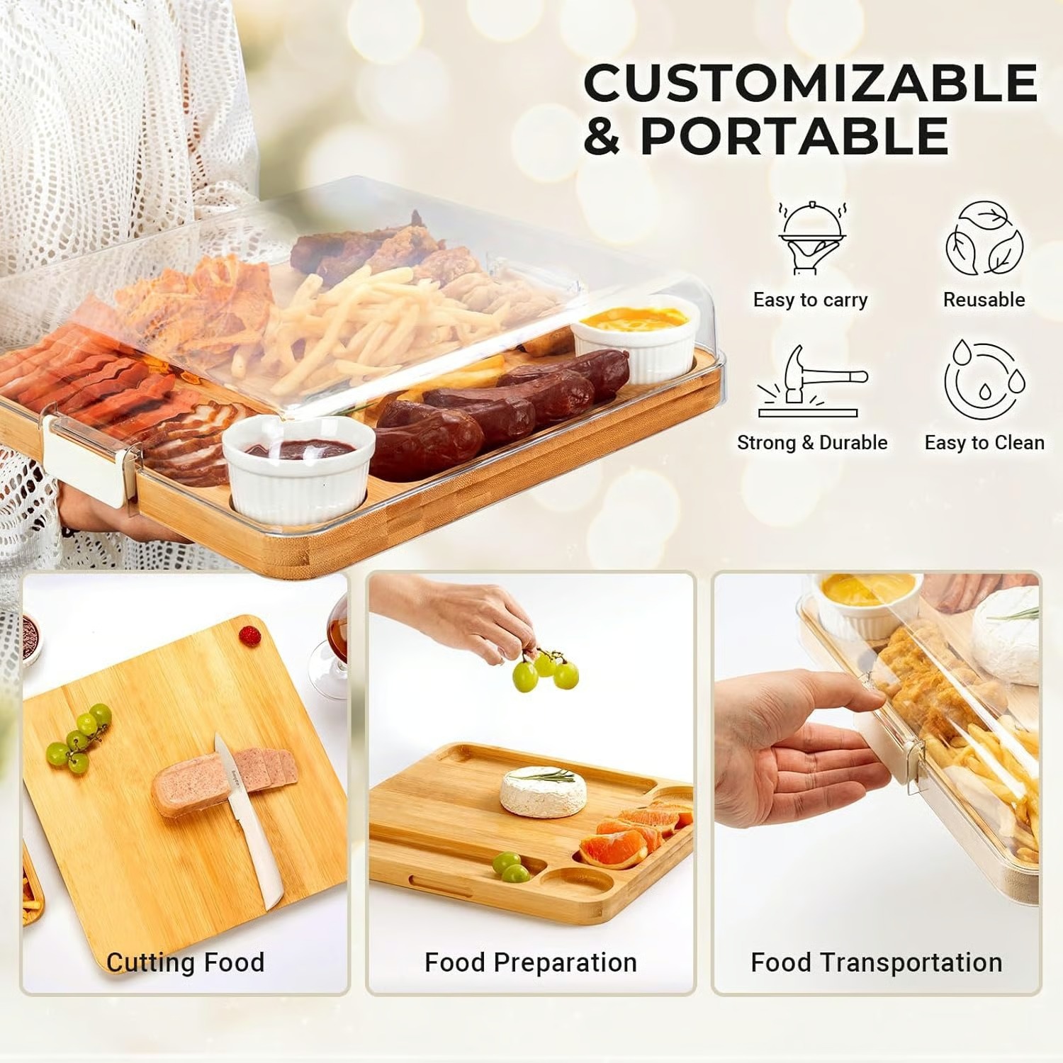 Elegant Bamboo Serving Board with Secure Travel Lid