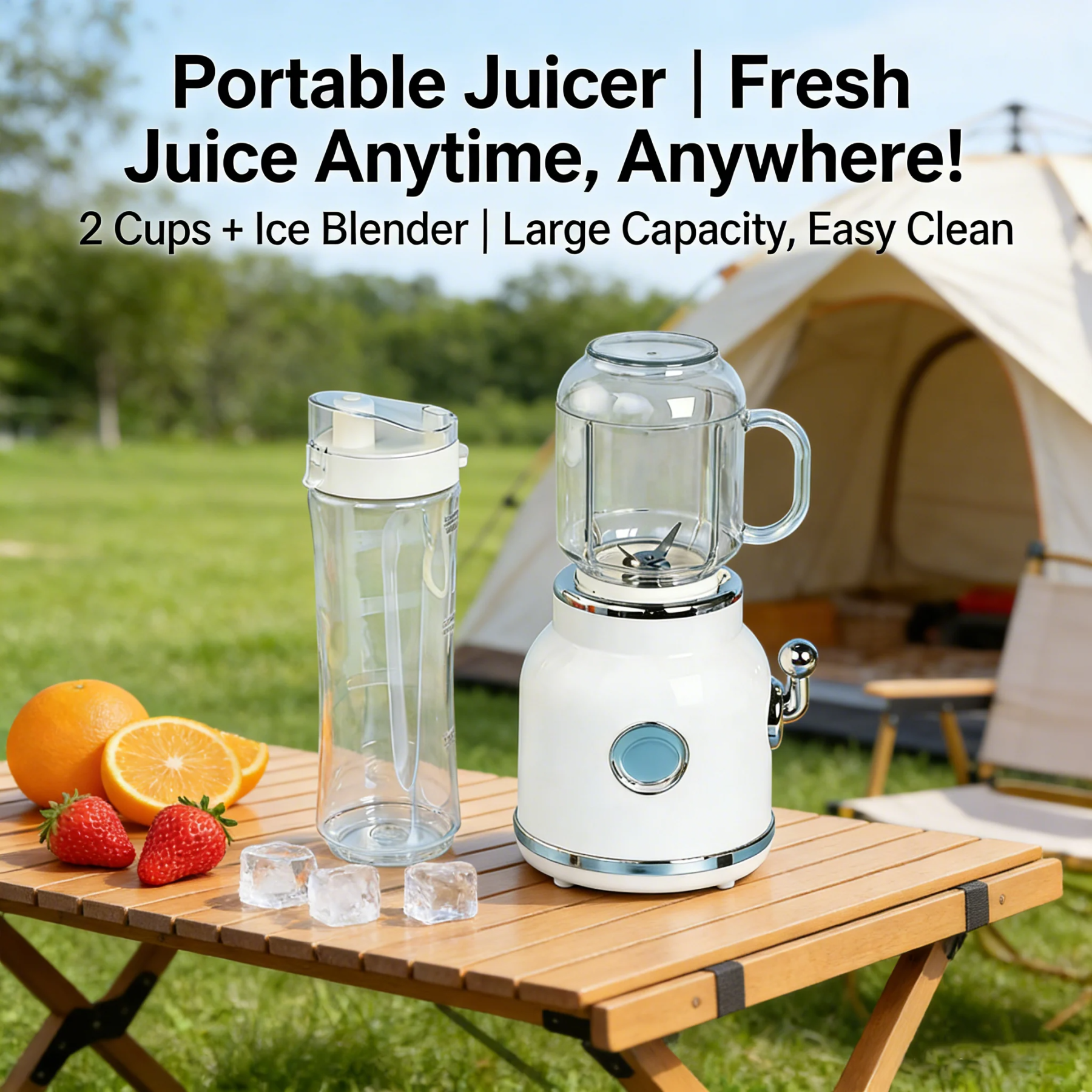 Portable Juicer with Two Cups & Small Ice Blender – Large Capacity, Easy to Clean, Perfect for Campsite Blending 🍹
