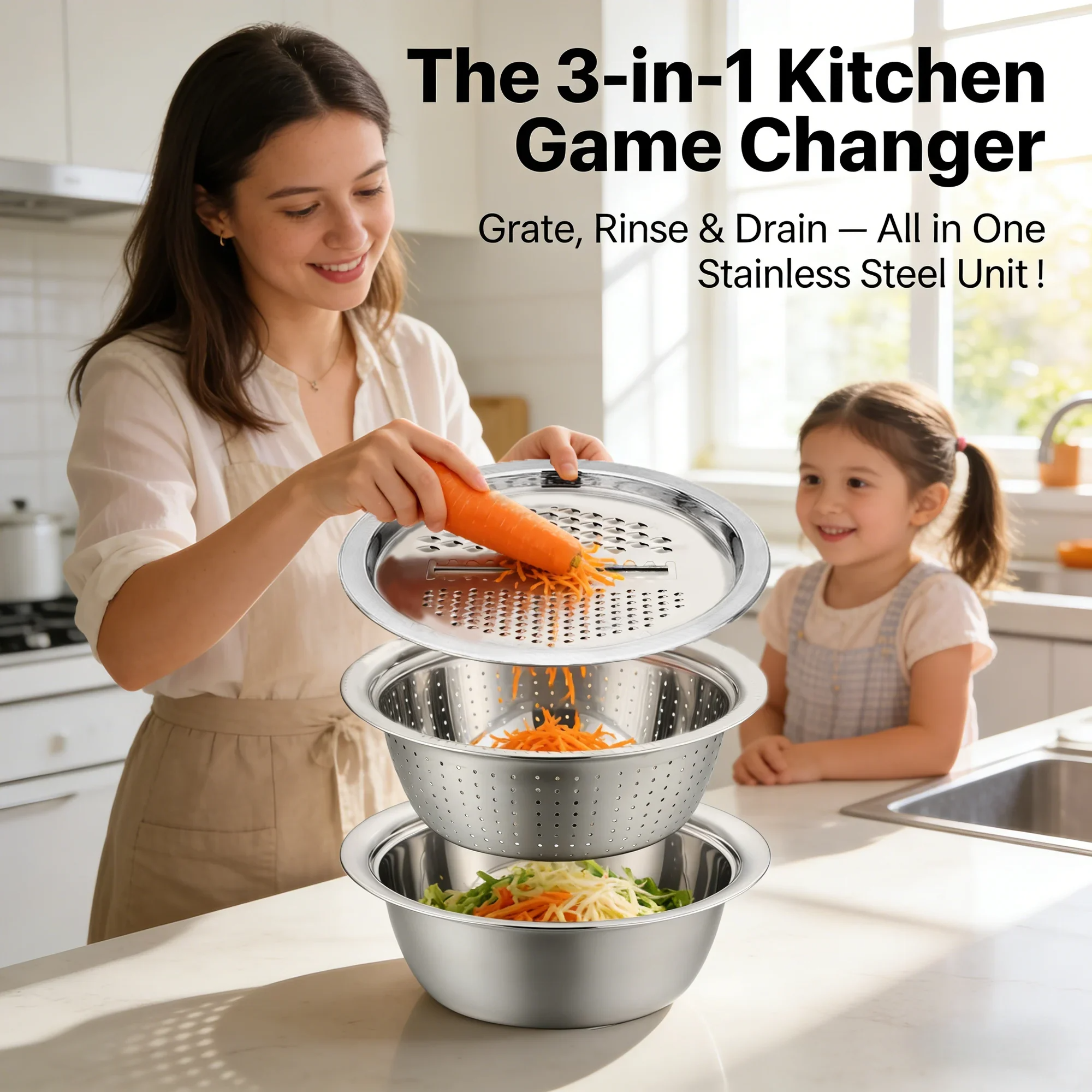 🍴 German Quality 3-in-1 Stainless Steel Grater Bowl