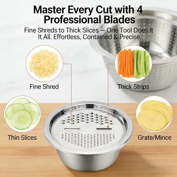 🍴 German Quality 3-in-1 Stainless Steel Grater Bowl