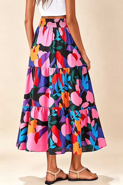 Floral Boho Maxi Skirt for Women – Flowing Tiered Pleated Design with Elastic Waist