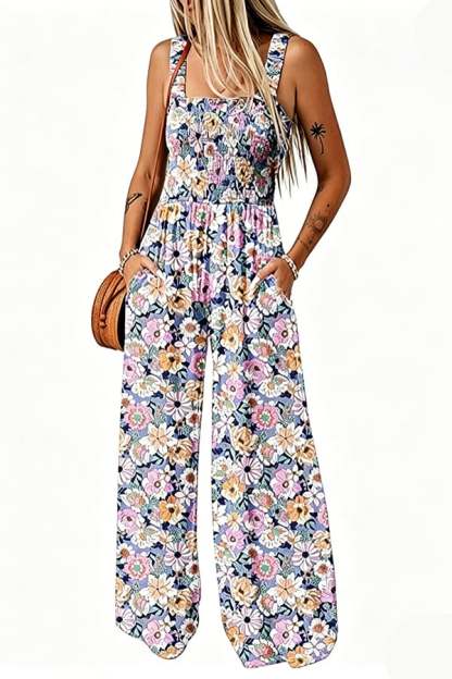 Women’s Sleeveless Printed Wide-Leg Jumpsuit with Pockets
