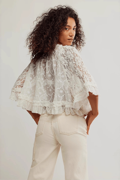Women's Lace Sheer Top — Semi-Sheer, Draped, Openwork Shirt (Ruffled Sleeves)