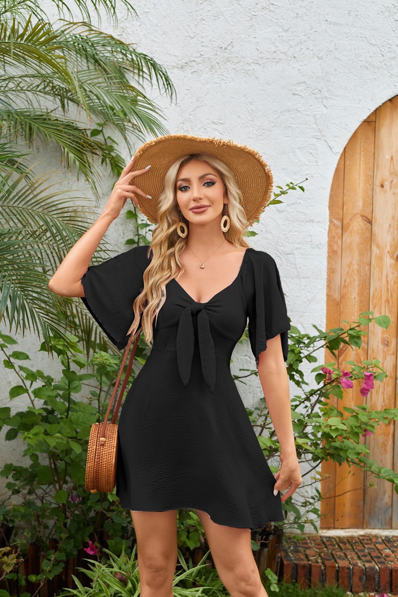 Women's Deep V-Neck Mini Dress with Bow Accent — 2026 Stylish & Elegant Dress