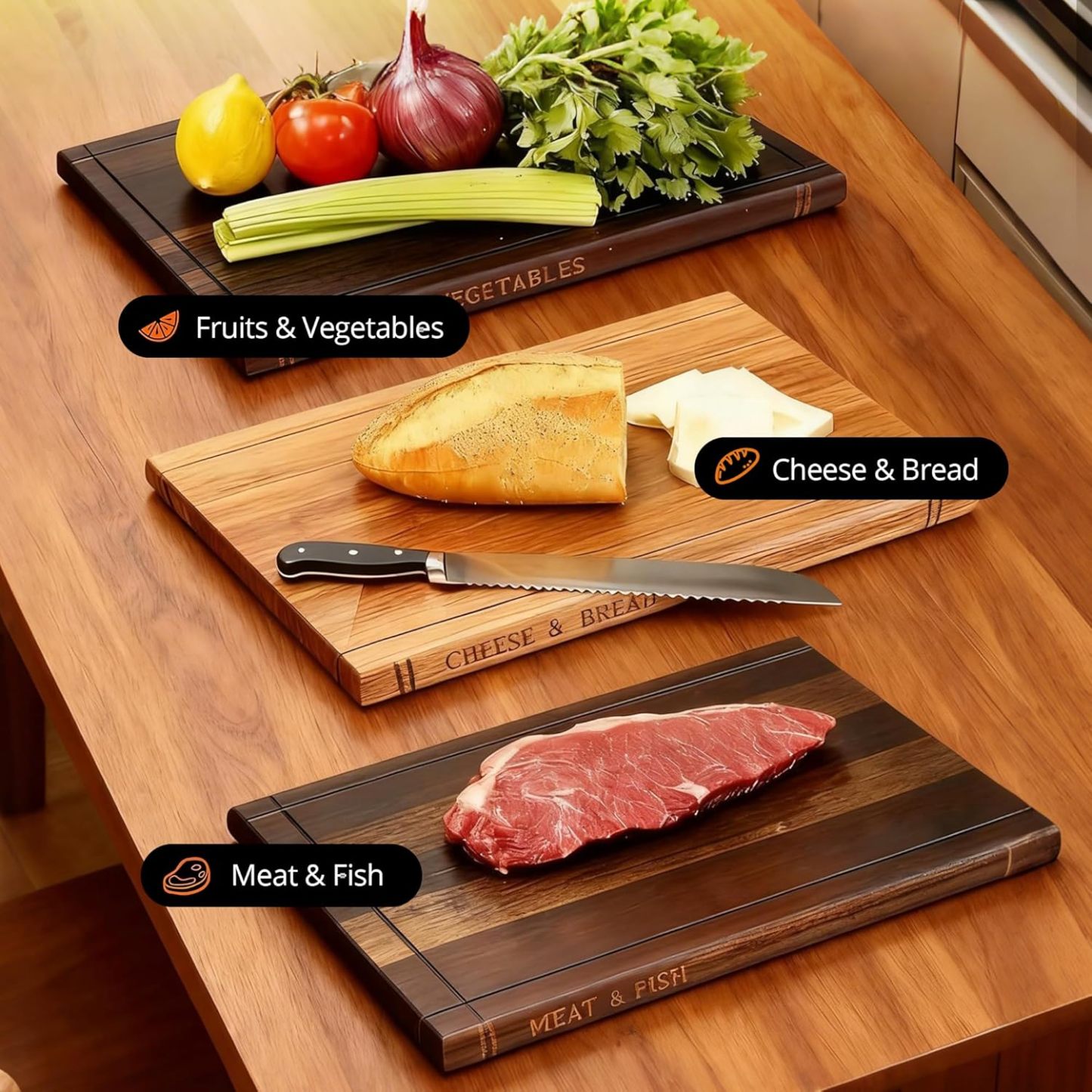 📚 Thick Wooden Cutting Boards Set (3-Piece)