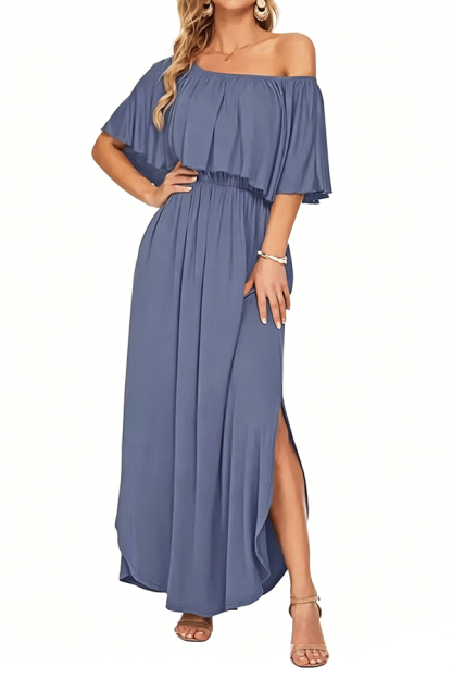 Women’s Off-Shoulder Boho Maxi Dress with Ruffle Sleeves & Side Slit