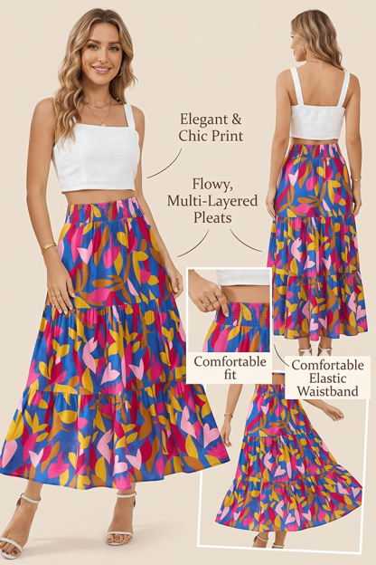 Floral Boho Maxi Skirt for Women – Flowing Tiered Pleated Design with Elastic Waist
