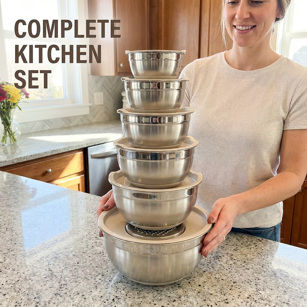 🥗 Stainless Steel Nested Mixing Bowl Set - 6 Pieces, with Lid and Grater