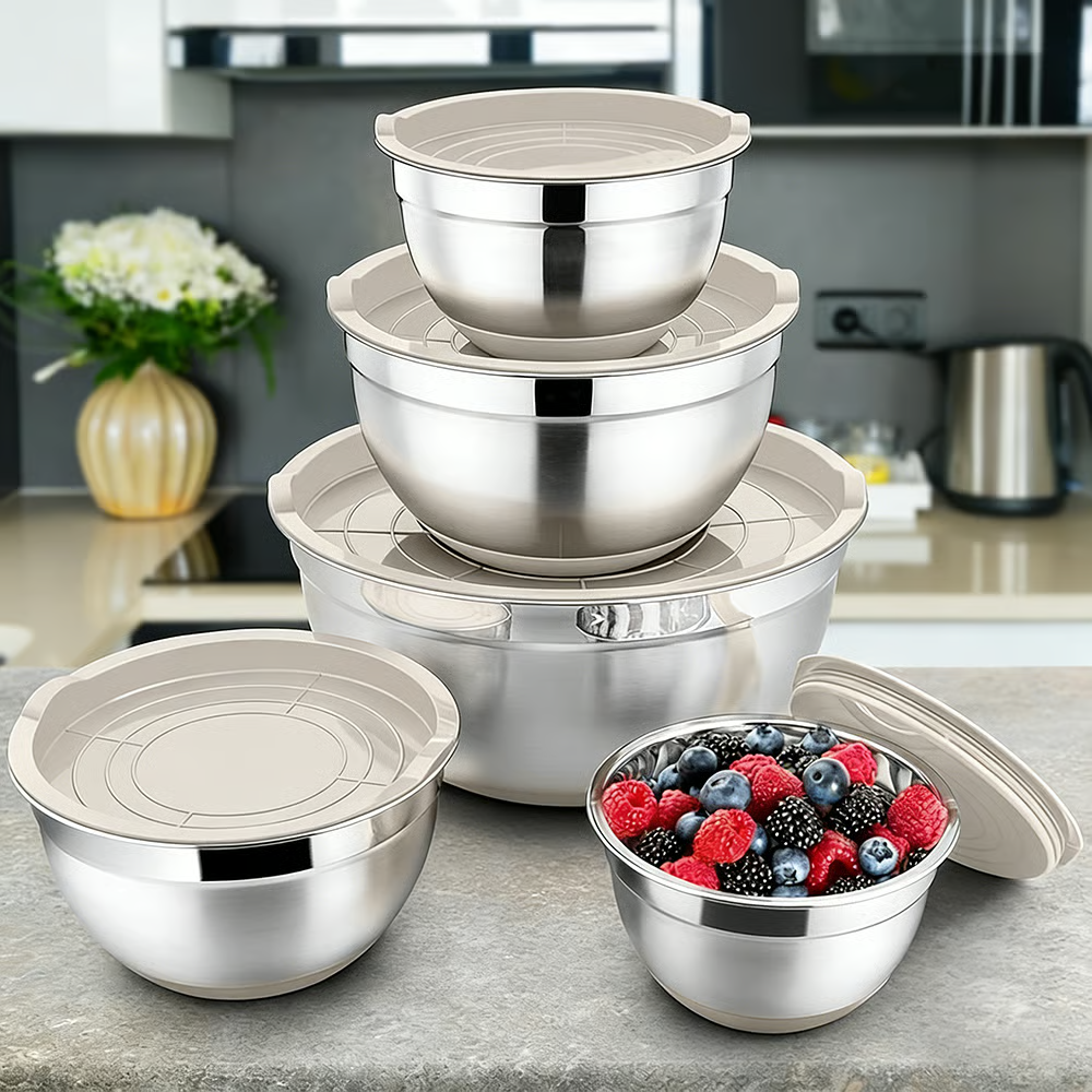 🥗 Stainless Steel Nested Mixing Bowl Set - 6 Pieces, with Lid and Grater