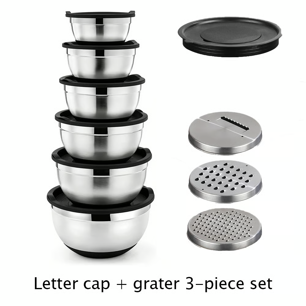 🥗 Stainless Steel Nested Mixing Bowl Set - 6 Pieces, with Lid and Grater