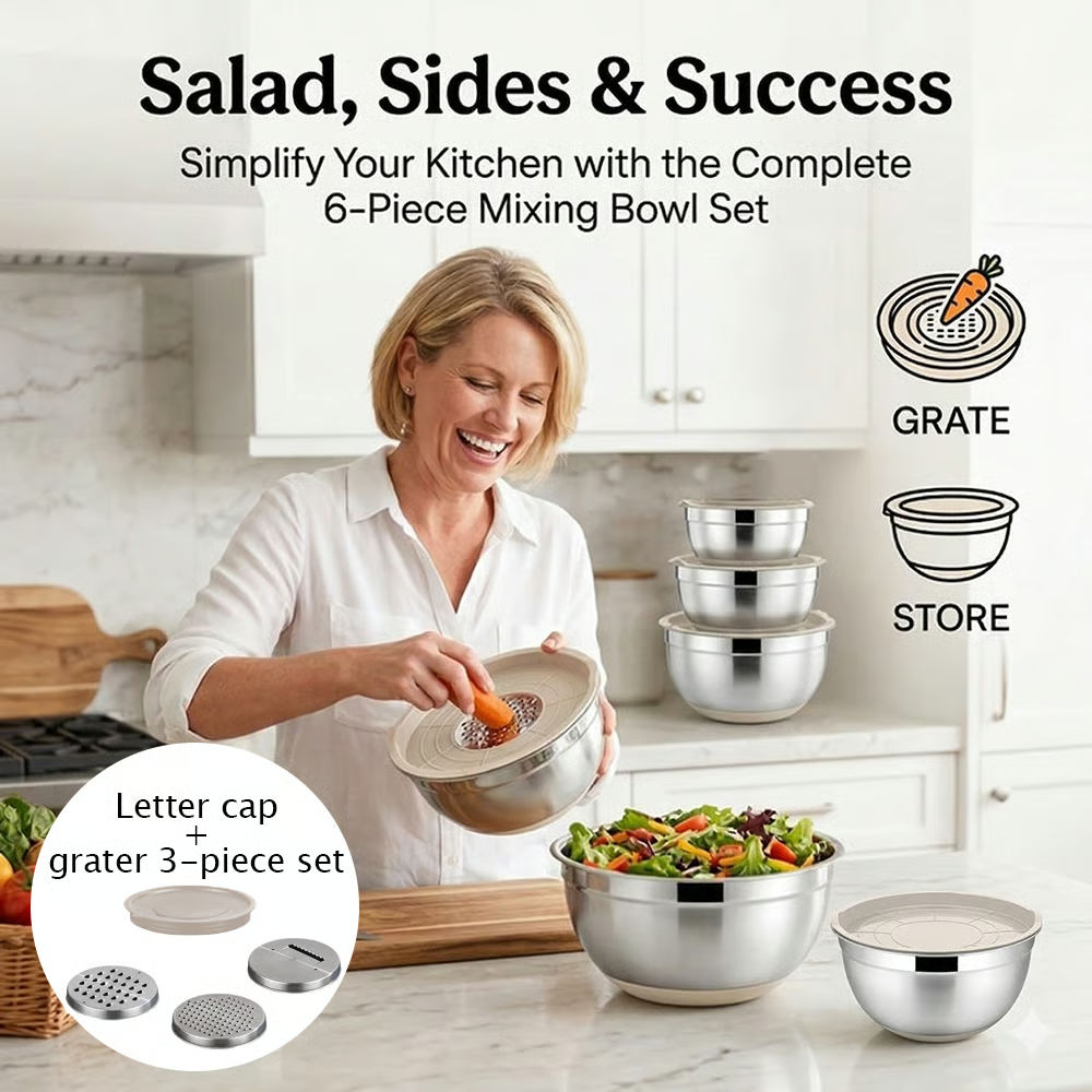 🥗 Stainless Steel Nested Mixing Bowl Set - 6 Pieces, with Lid and Grater